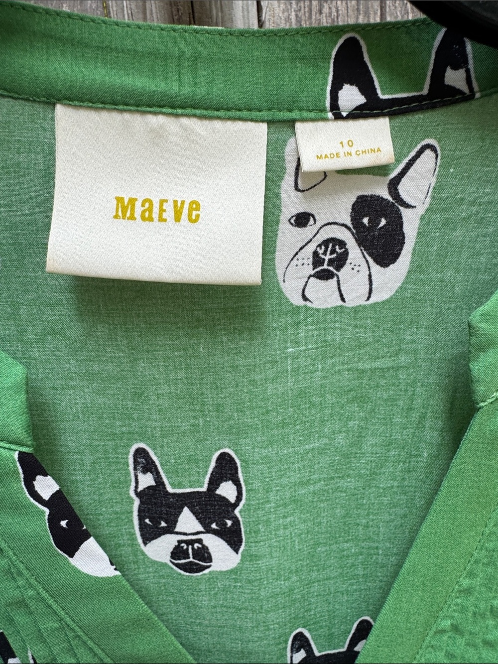 Maeve Anthropologie Green Boston or French Bulldog Print Blouse - Picture 2 of 6